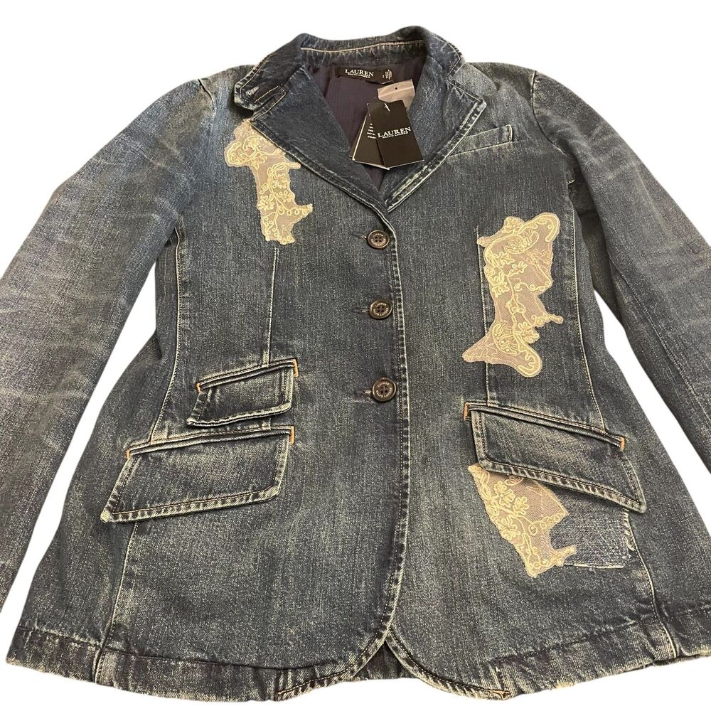 Lauren Ralph Lauren Womens Blazer Jean Jacket Sz 2 Embellished Lace Insulated - Picture 4 of 16